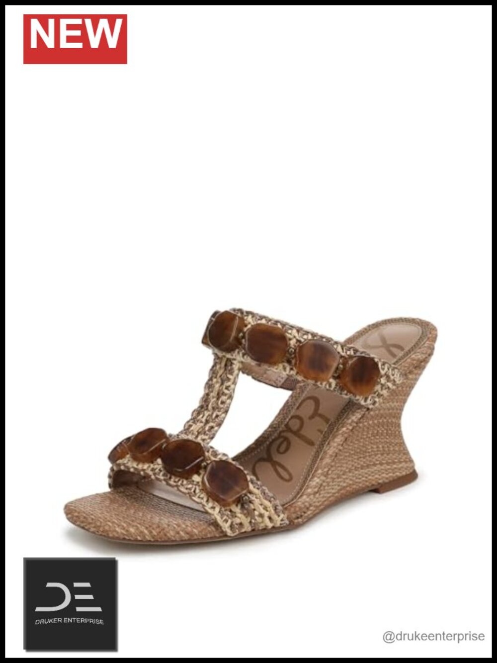 Stone Embellished Raffia Wedge Sandal Square Toe T-Strap 3 Inch Heel